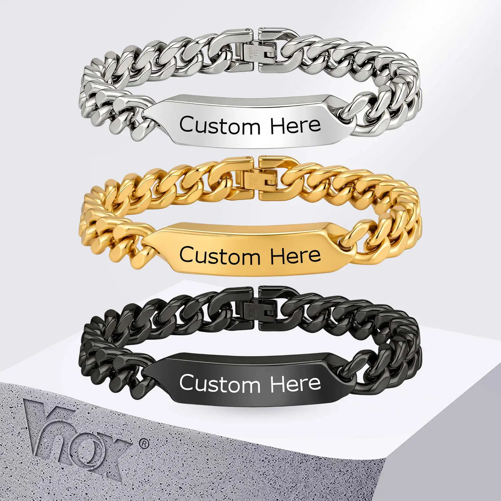 Vnox Free Custom Engraved Name ID Bracelet for Men, Stainless Steel Cuban Link Chain Personalized Wristband Jewelry Gift