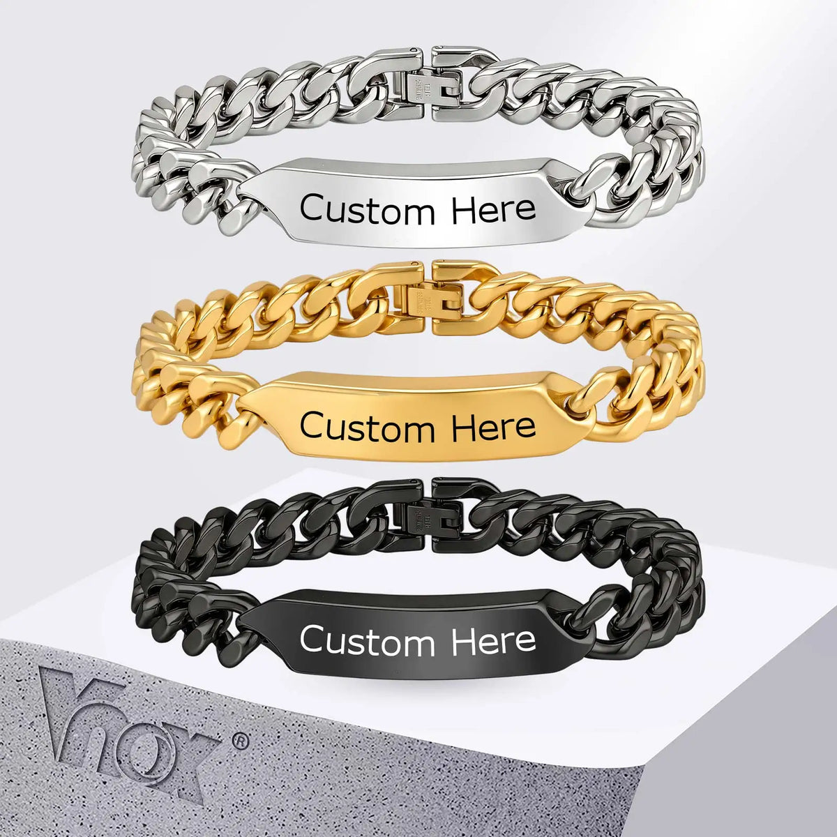 Vnox Free Custom Engraved Name ID Bracelet for Men, Stainless Steel Cuban Link Chain Personalized Wristband Jewelry Gift