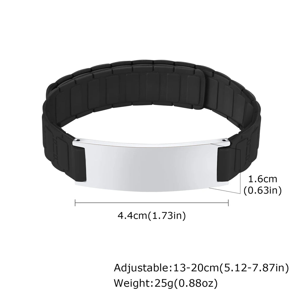 Black medical ID bracelet with silver engraved identification plate