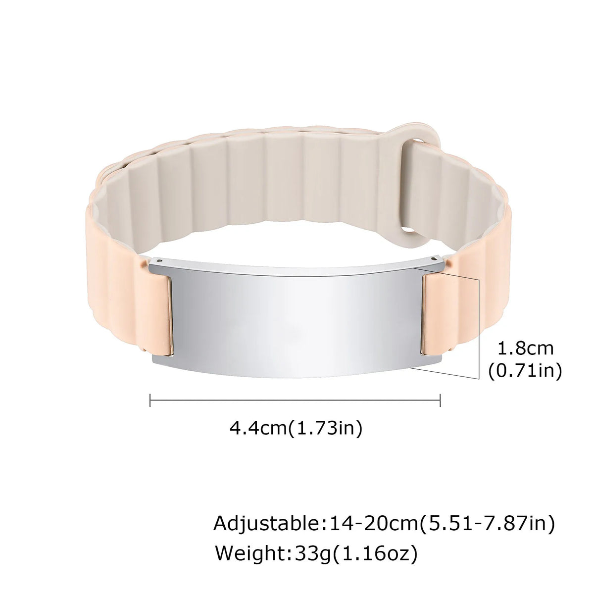 Beige medical ID bracelet with silver engraved identification plate