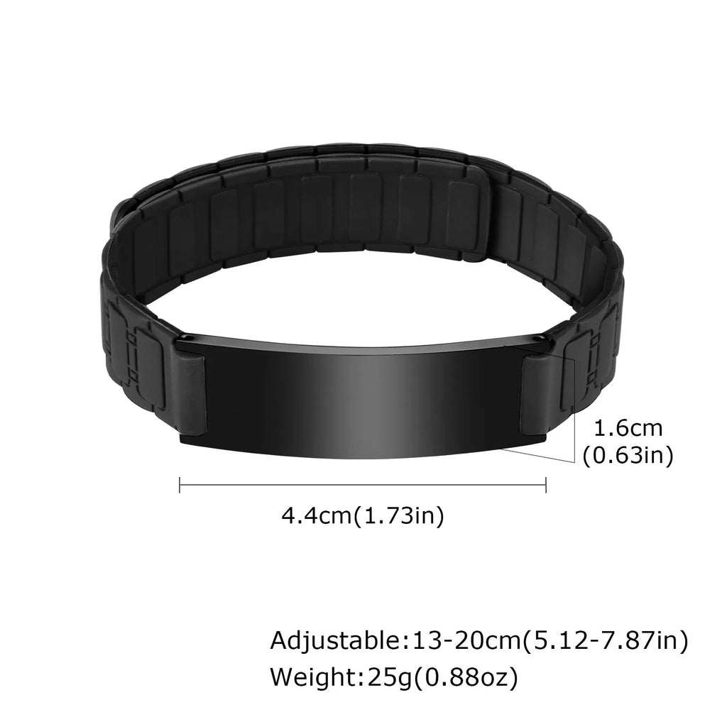 Black medical ID bracelet with black engraved identification plate