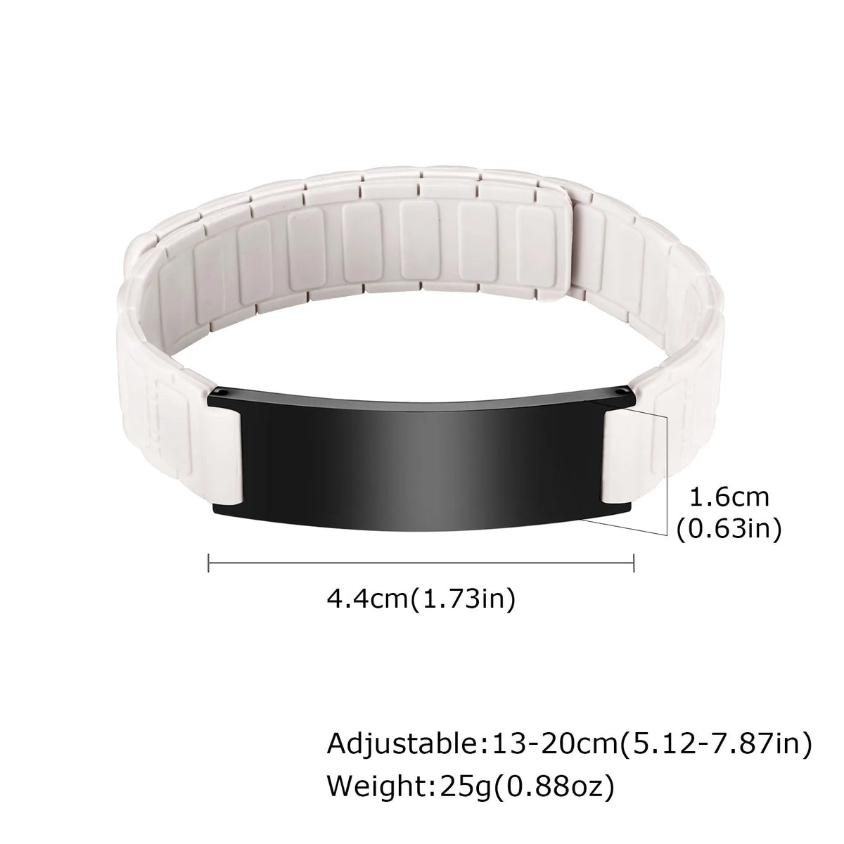 White medical ID bracelet with black engraved identification plate