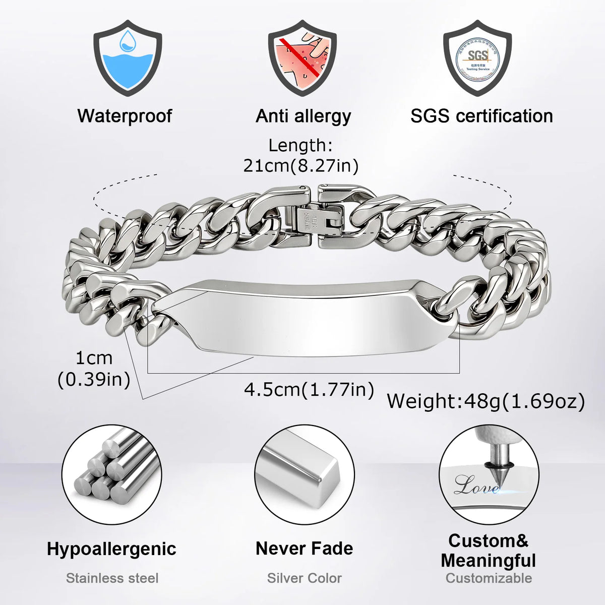 Vnox Free Custom Engraved Name ID Bracelet for Men, Stainless Steel Cuban Link Chain Personalized Wristband Jewelry Gift