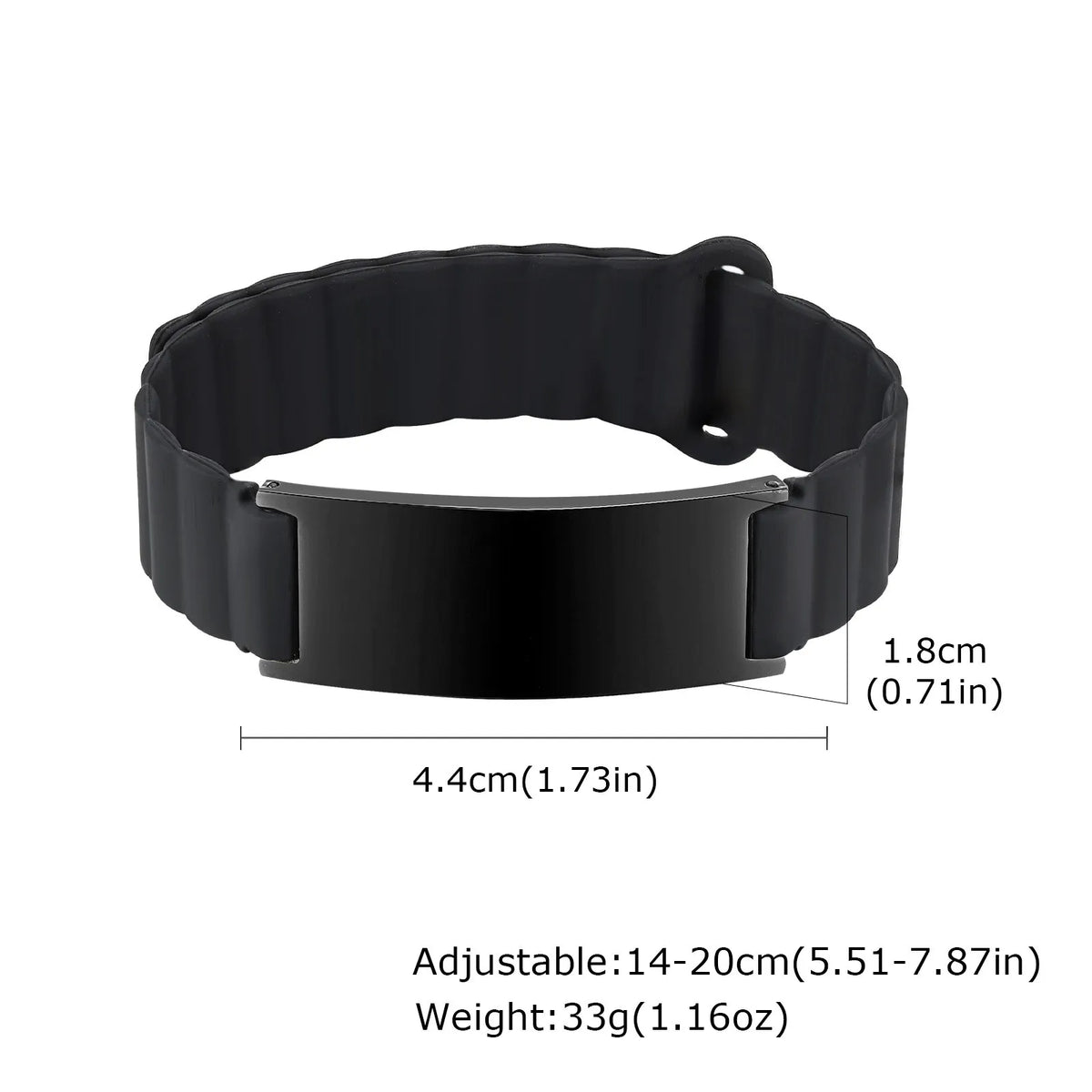 Adjustable black silicone medical ID bracelet with black ID plate