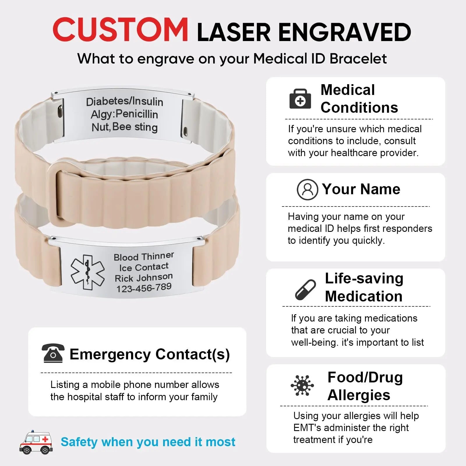 Custom laser engraved medical ID bracelet with emergency contact information