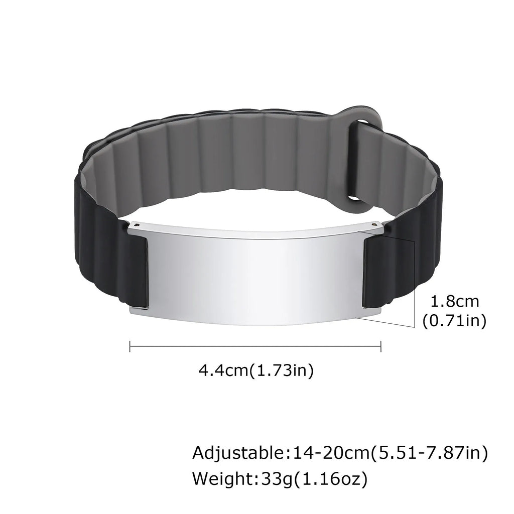 Dark gray medical ID bracelet with silver engraved identification plate