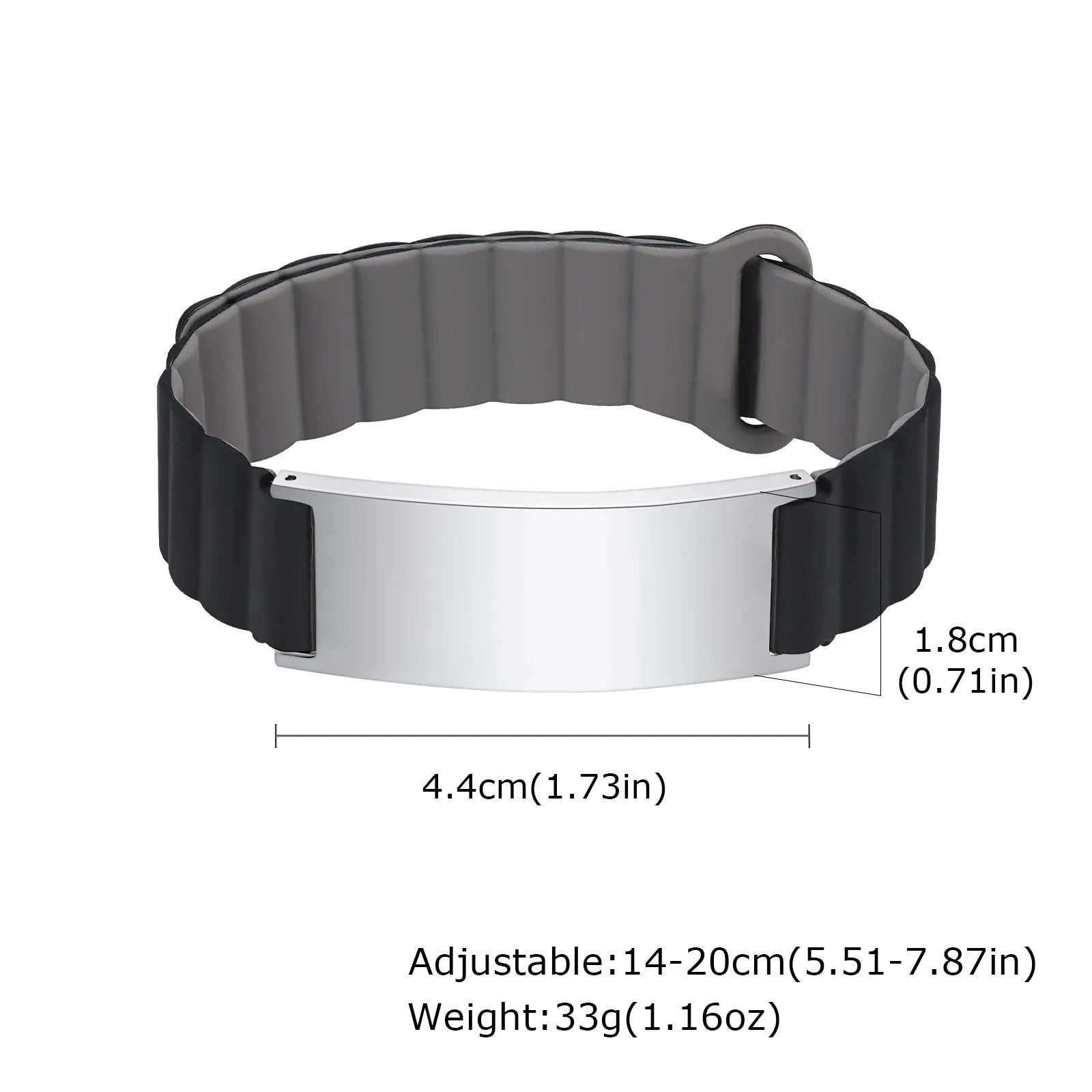 Dark gray medical ID bracelet with silver engraved identification plate