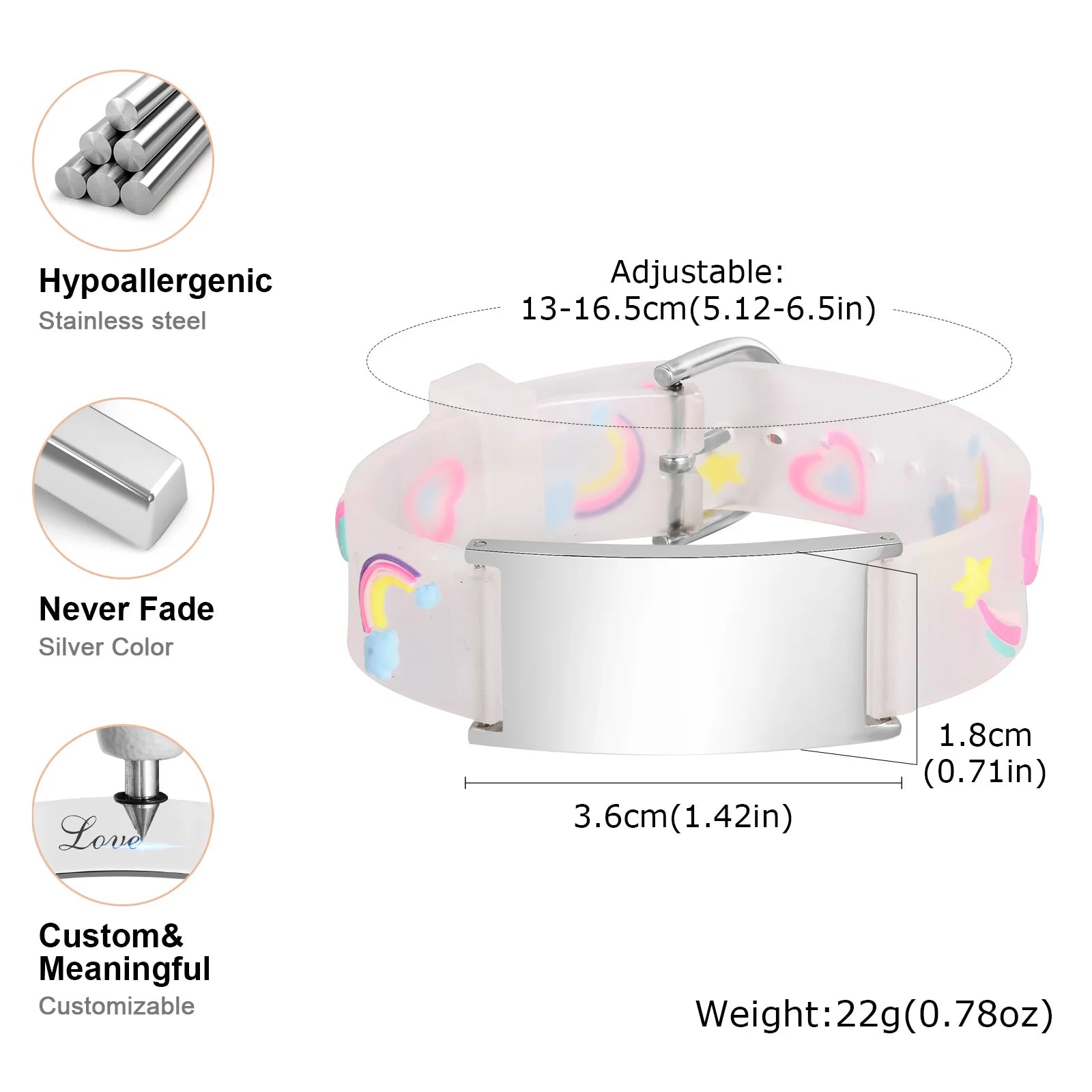 Adjustable kids Medical ID bracelet size 13–16.5 cm with stainless steel engraving plate