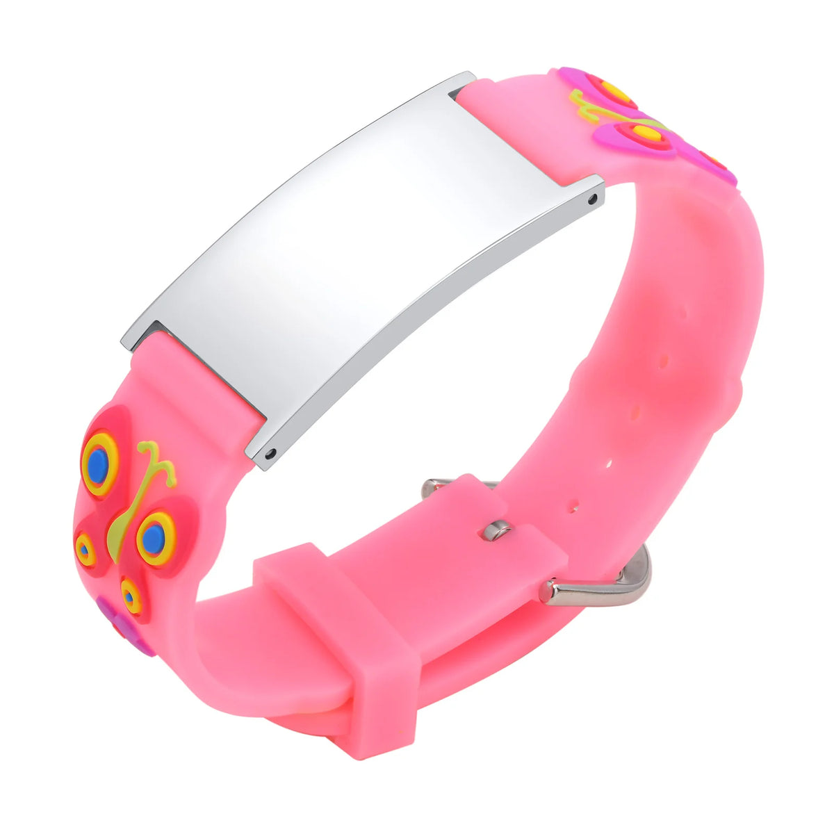 Pink kids Medical ID bracelet with adjustable silicone strap and engraving plate