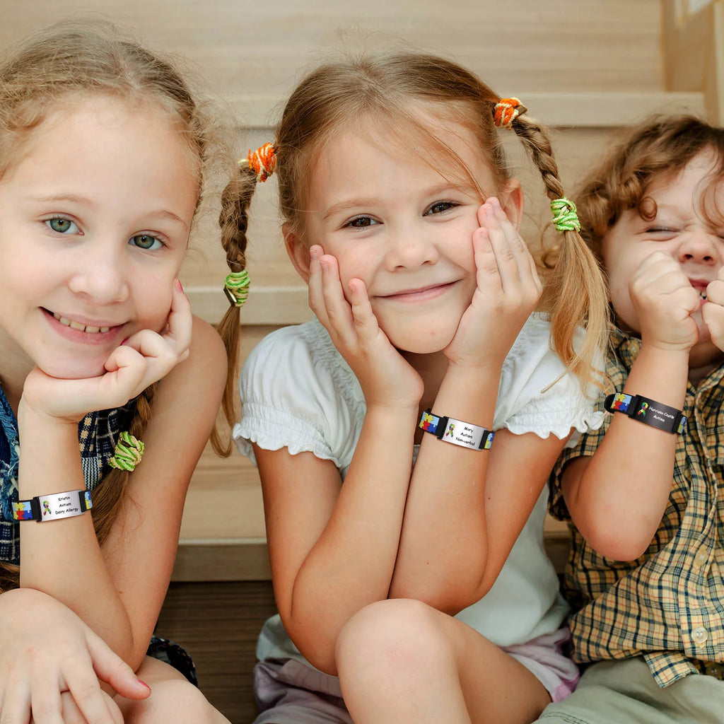 Kids wearing personalized medical ID bracelets for everyday safety and identification