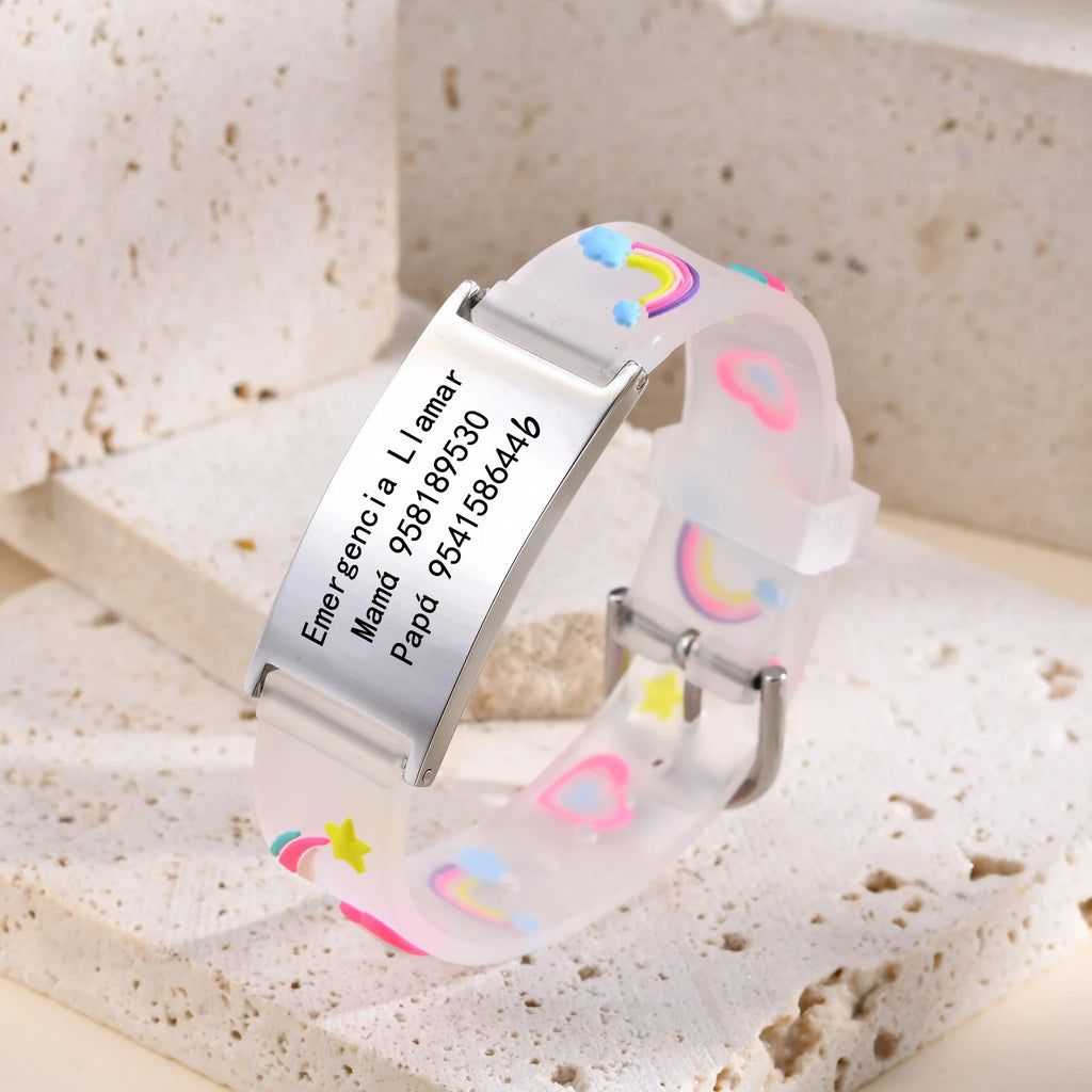 Clear personalized kids Medical ID bracelet with engraved emergency contact information
