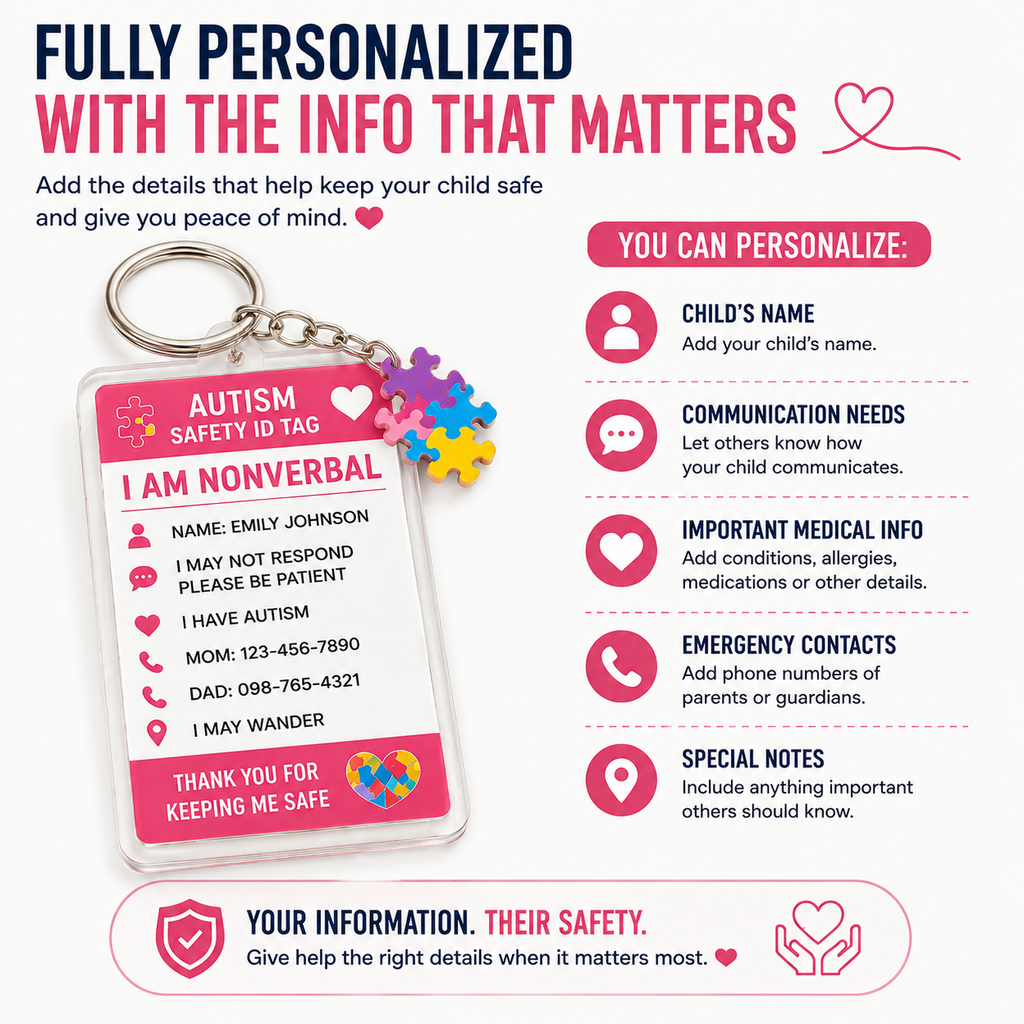 Personalized Autism Safety ID Keychain for Kids | Custom Nonverbal Medical ID Tag | Emergency Contact Backpack Tag
