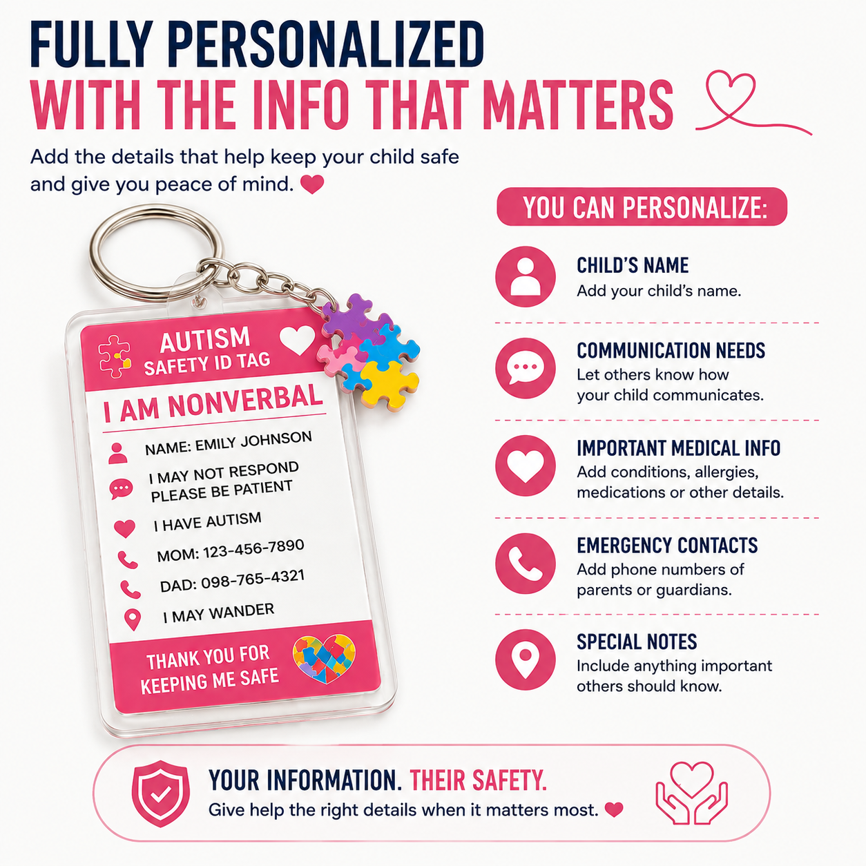Personalized Autism Safety ID Keychain for Kids | Custom Nonverbal Medical ID Tag | Emergency Contact Backpack Tag