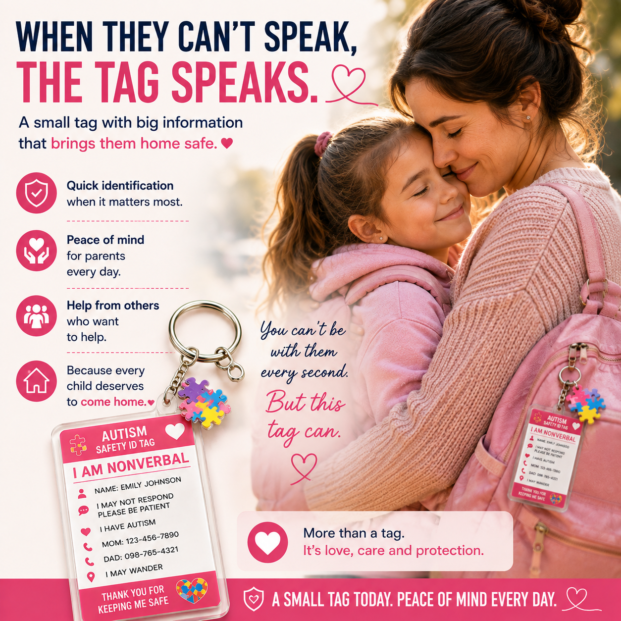 Personalized Autism Safety ID Keychain for Kids | Custom Nonverbal Medical ID Tag | Emergency Contact Backpack Tag