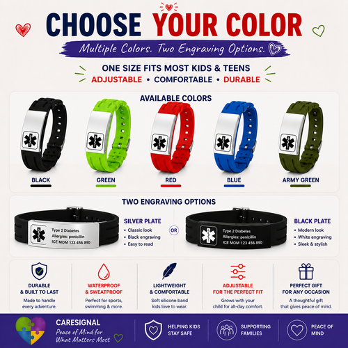 Kids Autism Medical ID Bracelet | Personalized Medical Alert Bracelet | Custom Engraved Silicone ID Wristband