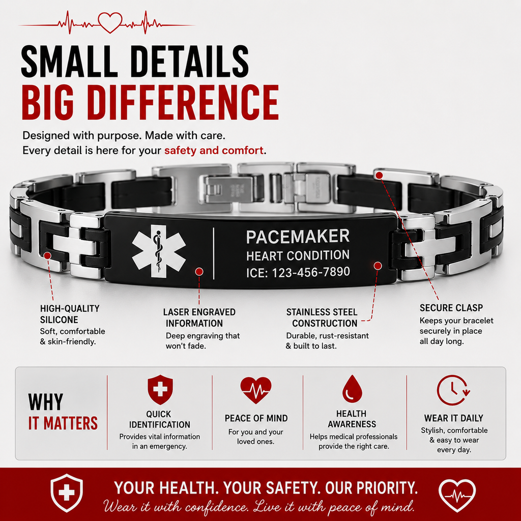 Pacemaker Medical ID Bracelet – Personalized Engraved Emergency Alert Bracelet | Waterproof Stainless Steel Medical ID