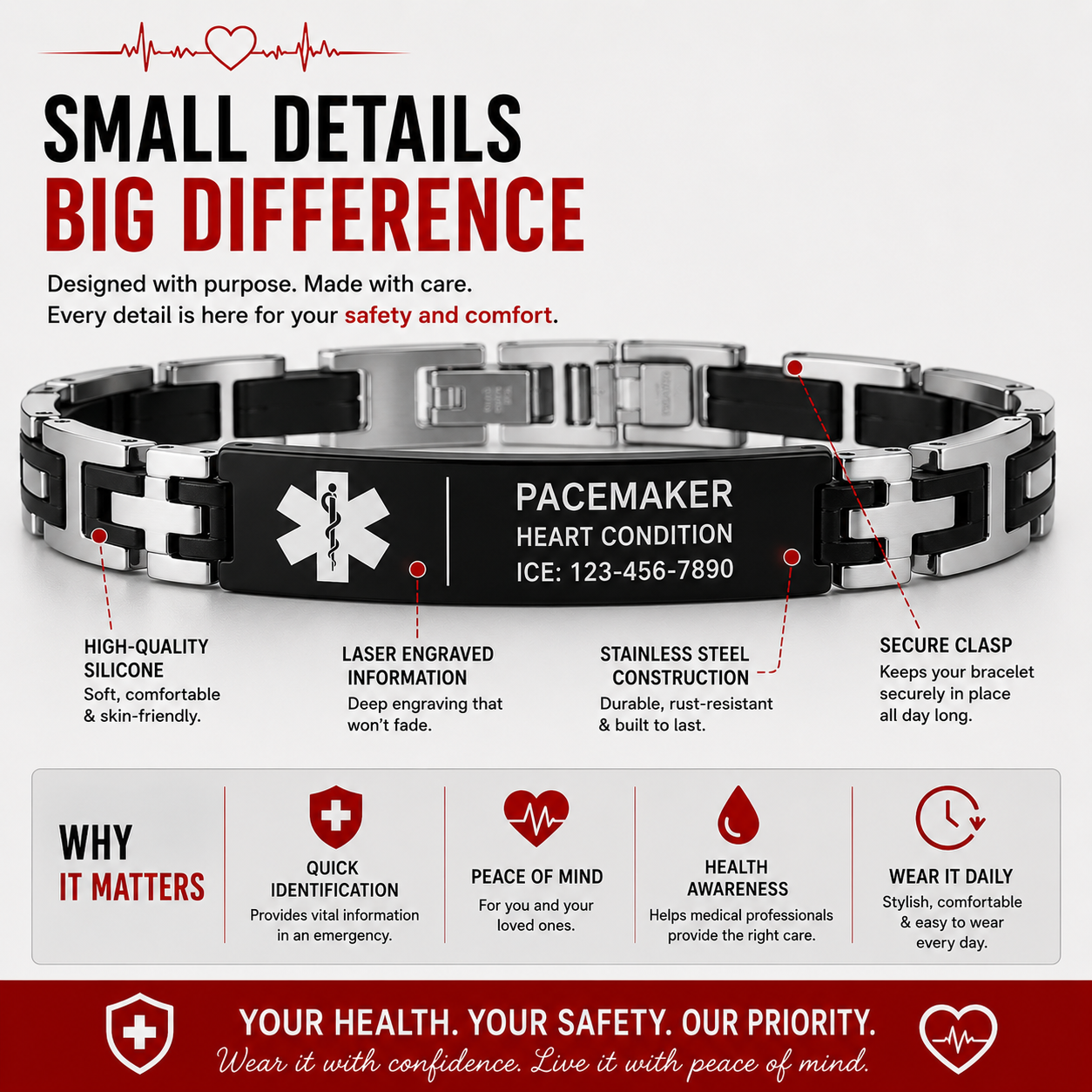 Pacemaker Medical ID Bracelet – Personalized Engraved Emergency Alert Bracelet | Waterproof Stainless Steel Medical ID