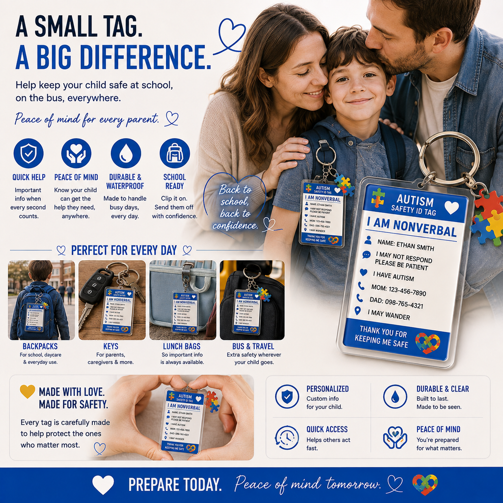 Personalized Autism Safety ID Keychain | Custom Nonverbal Medical Alert Tag for Kids | Emergency Identification Backpack Tag | Special Needs Gift
