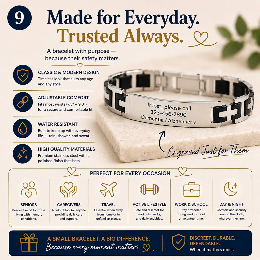 Personalized Medical ID Bracelet for Dementia & Alzheimer's | Custom Engraved Emergency Alert Bracelet | Stainless Steel ID Bracelet with ICE Contact