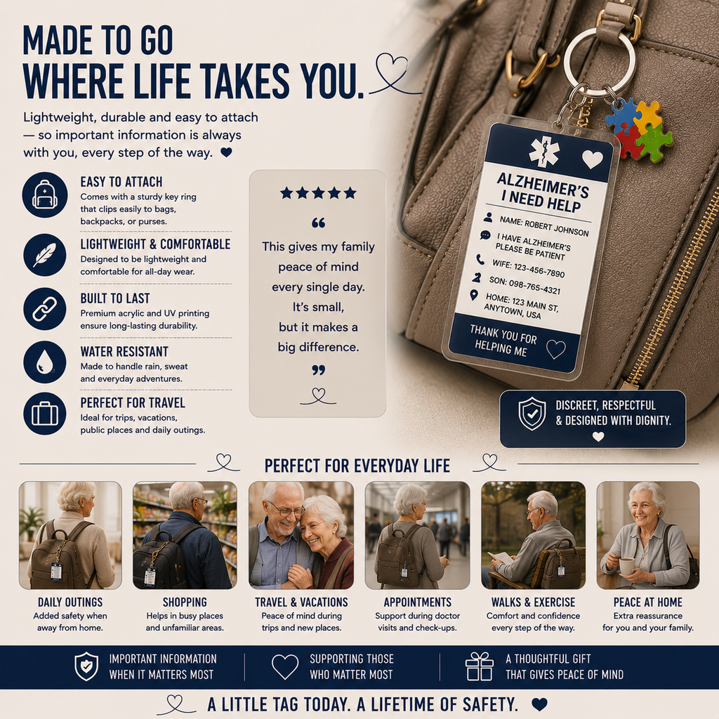 Personalized Alzheimer's Medical ID Keychain – Custom Emergency Contact Tag for Dementia & Memory Care