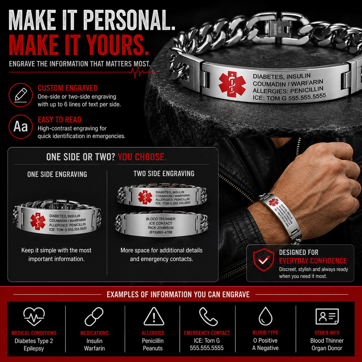 Men’s Personalized Medical ID Bracelet – Custom Engraved Stainless Steel Medical Alert Bracelet
