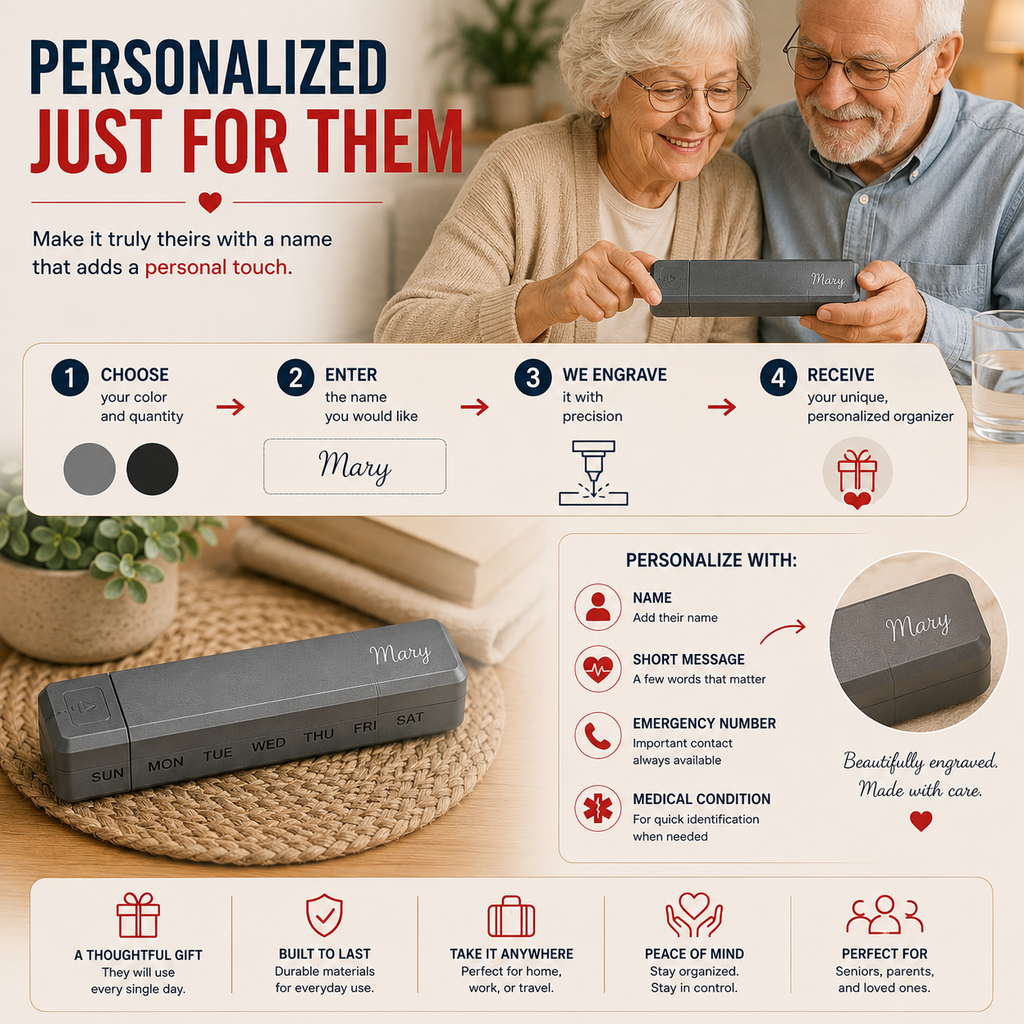 Personalized Weekly Pill Organizer, Custom Pill Box with Name, 7 Day Medication Organizer, Travel Pill Case, Gift for Mom Dad, Senior Medicine Box