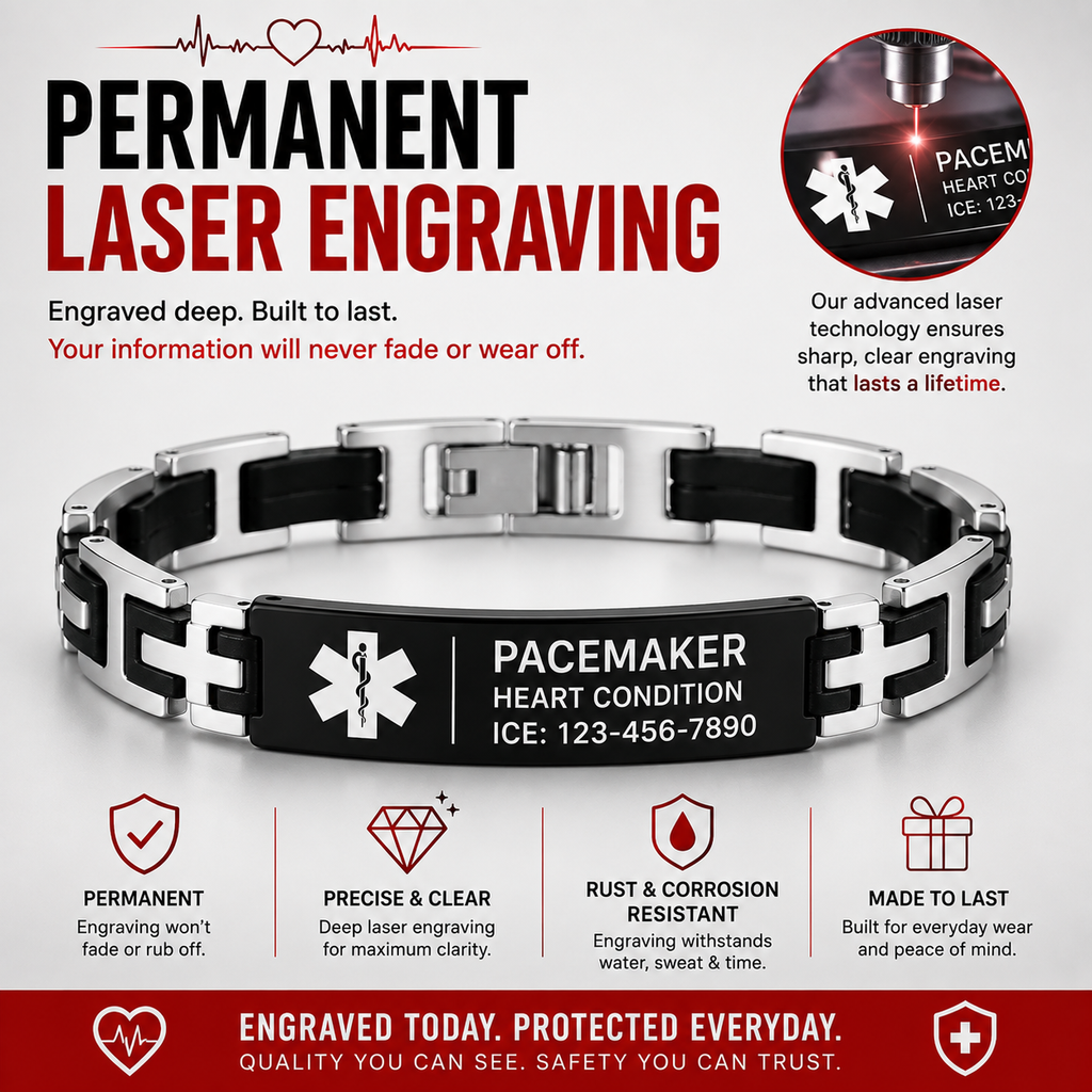 Pacemaker Medical ID Bracelet – Personalized Engraved Emergency Alert Bracelet | Waterproof Stainless Steel Medical ID