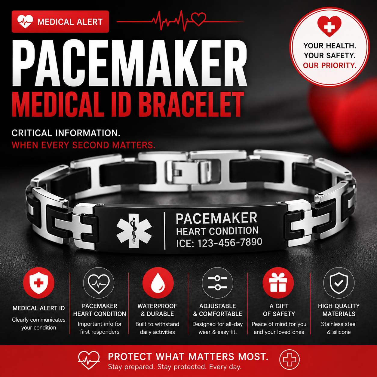 Pacemaker Medical ID Bracelet – Personalized Engraved Emergency Alert Bracelet | Waterproof Stainless Steel Medical ID