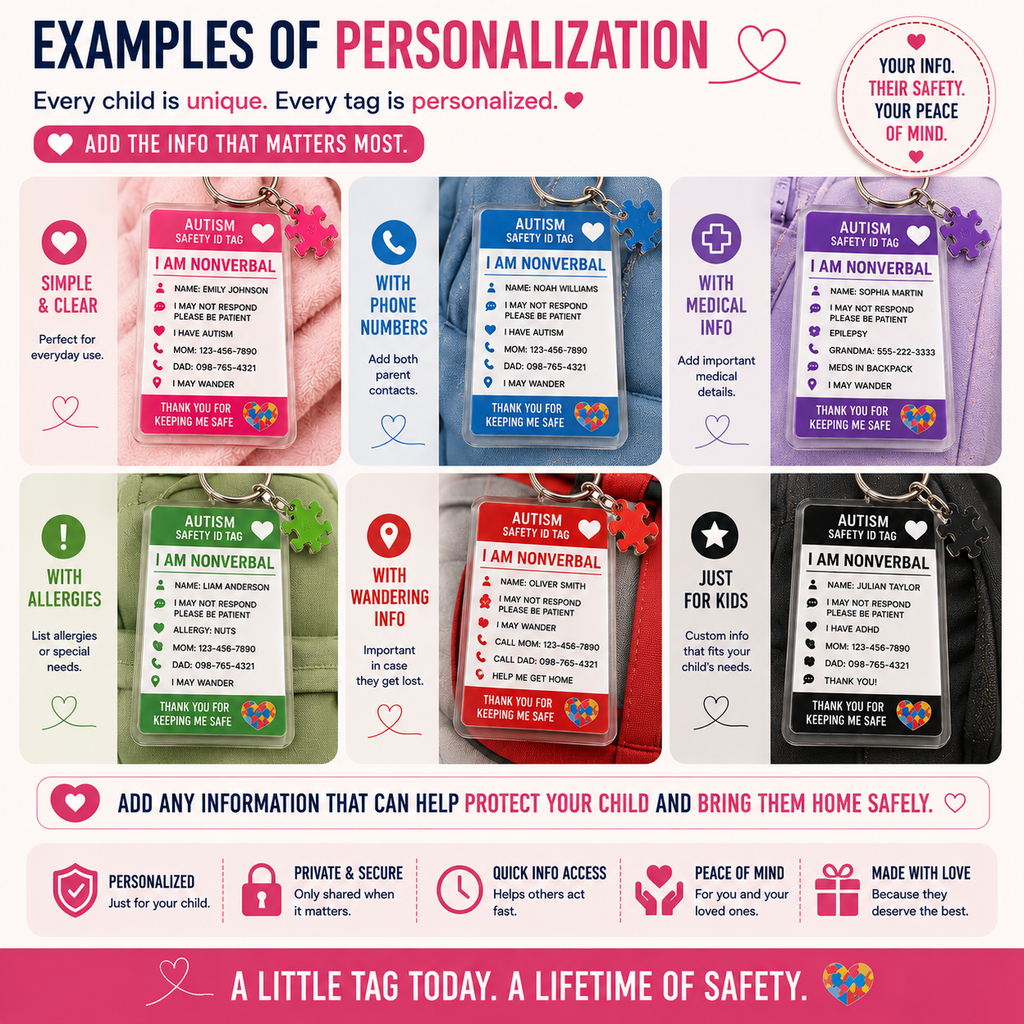 Personalized Autism Safety ID Keychain for Kids | Custom Nonverbal Medical ID Tag | Emergency Contact Backpack Tag