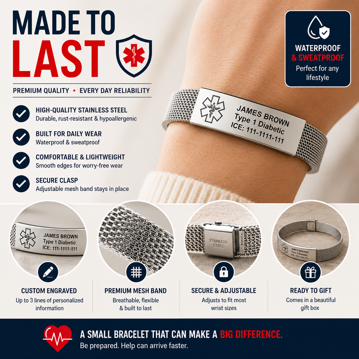 Personalized Medical Alert ID Bracelet