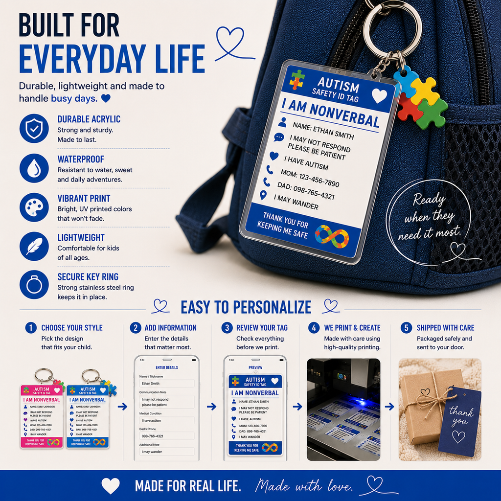 Personalized Autism Safety ID Keychain | Custom Nonverbal Medical Alert Tag for Kids | Emergency Identification Backpack Tag | Special Needs Gift