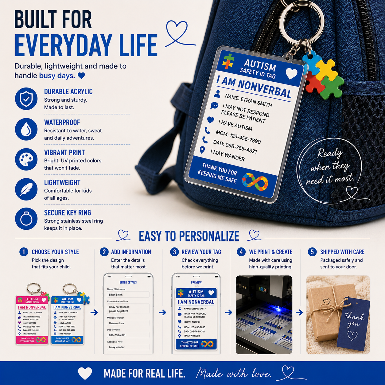 Personalized Autism Safety ID Keychain | Custom Nonverbal Medical Alert Tag for Kids | Emergency Identification Backpack Tag | Special Needs Gift