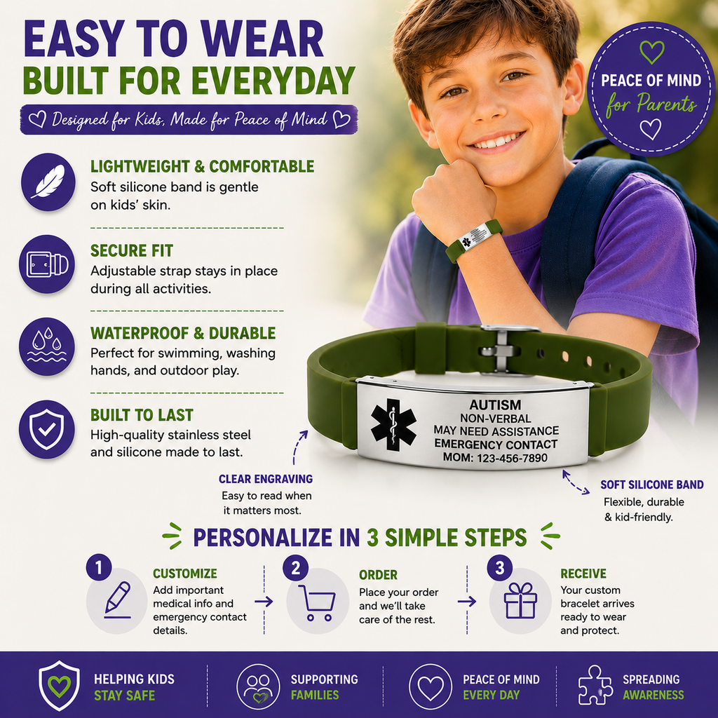 Kids Autism Medical ID Bracelet | Personalized Medical Alert Bracelet | Custom Engraved Silicone ID Wristband