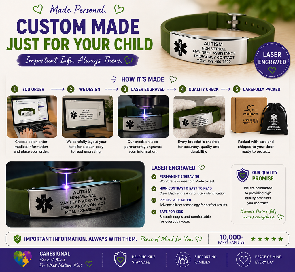 Kids Autism Medical ID Bracelet | Personalized Medical Alert Bracelet | Custom Engraved Silicone ID Wristband