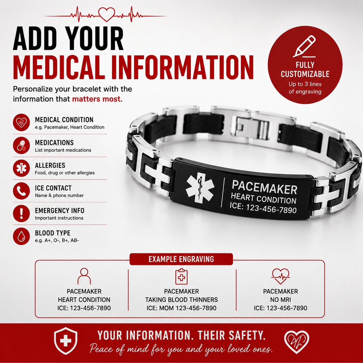 Pacemaker Medical ID Bracelet – Personalized Engraved Emergency Alert Bracelet | Waterproof Stainless Steel Medical ID