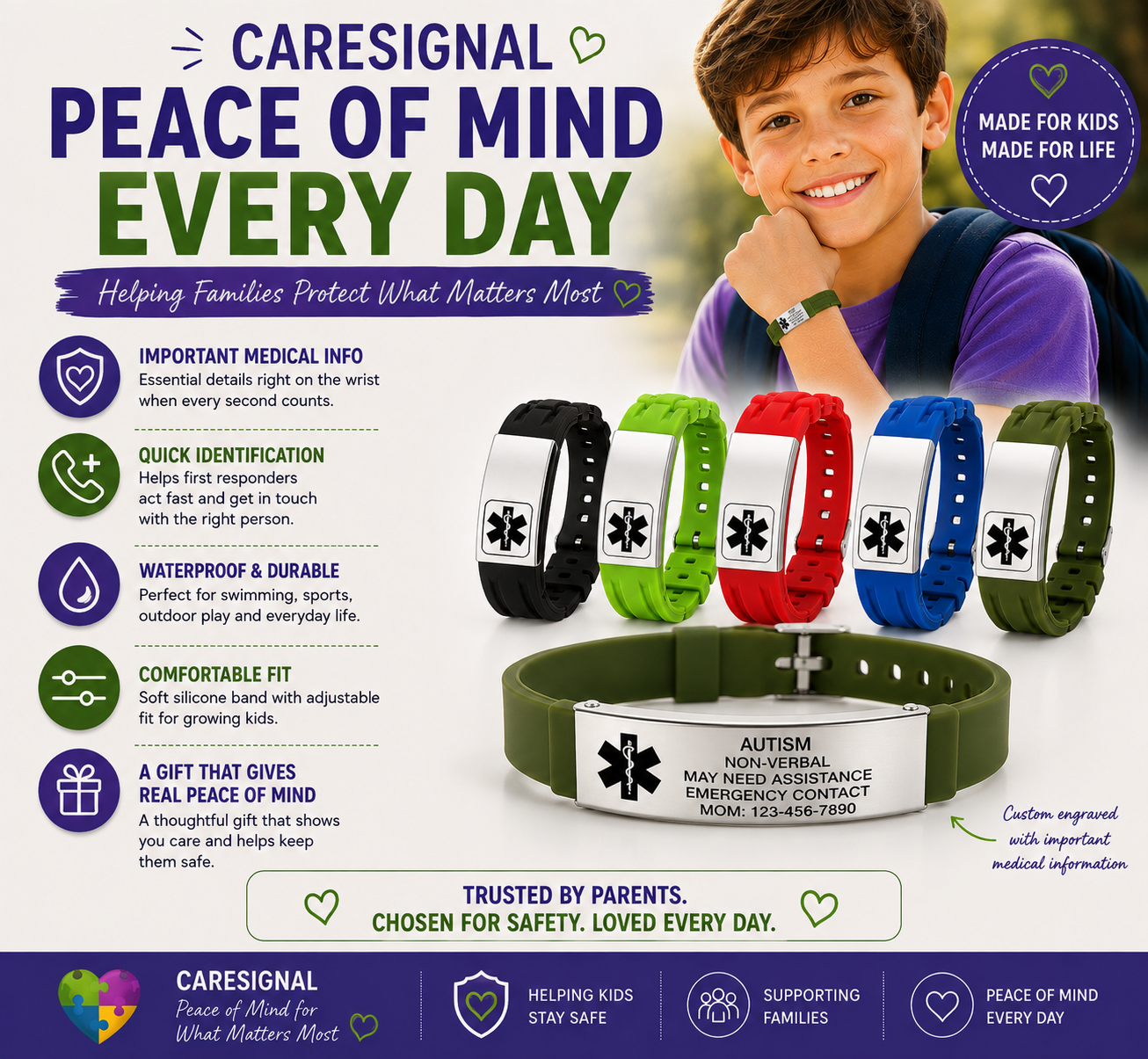 Kids Autism Medical ID Bracelet | Personalized Medical Alert Bracelet | Custom Engraved Silicone ID Wristband