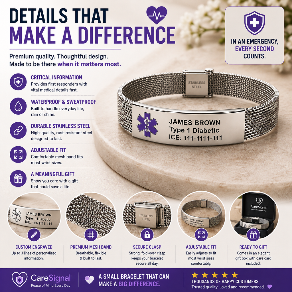 Custom Engraved Medical ID Bracelet – Personalized Stainless Steel Emergency Alert Bracelet | Waterproof Adjustable Medical Alert Jewelry