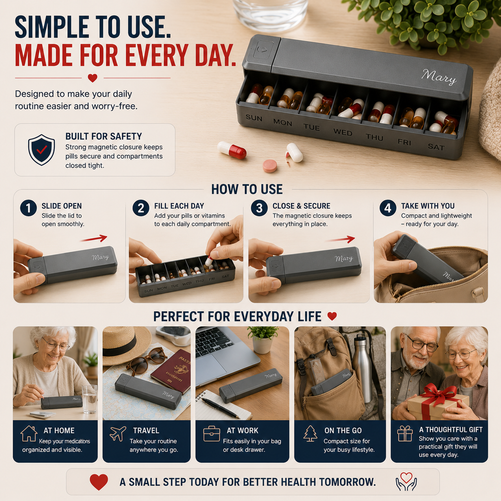 Personalized Weekly Pill Organizer, Custom Pill Box with Name, 7 Day Medication Organizer, Travel Pill Case, Gift for Mom Dad, Senior Medicine Box