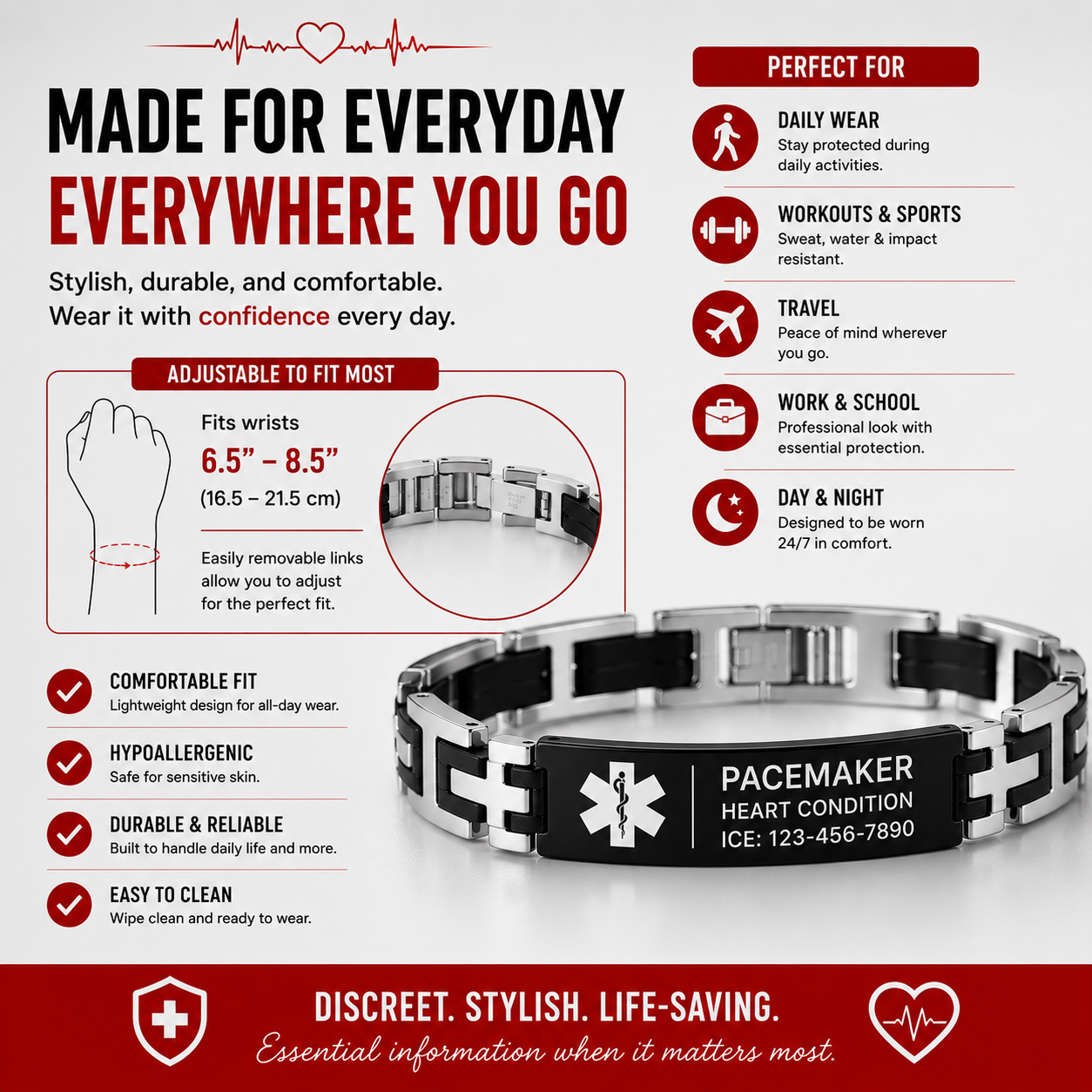 Pacemaker Medical ID Bracelet – Personalized Engraved Emergency Alert Bracelet | Waterproof Stainless Steel Medical ID