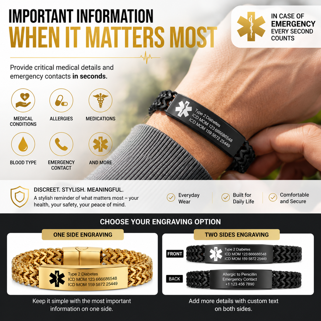 Personalized Emergency Bracelets for Women Men Custom Engraved Medical Alert Information Stainless Steel Medical ID Bracelets