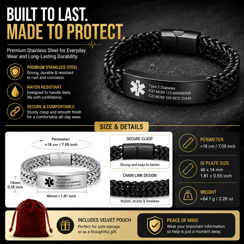 Personalized Emergency Bracelets for Women Men Custom Engraved Medical Alert Information Stainless Steel Medical ID Bracelets