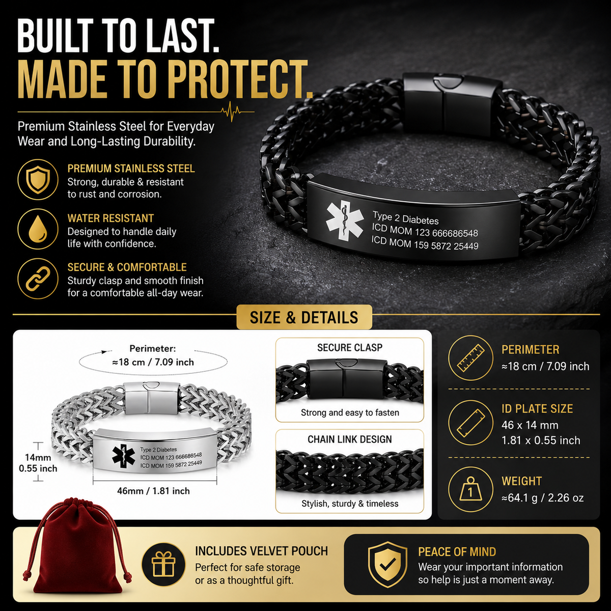 Personalized Emergency Bracelets for Women Men Custom Engraved Medical Alert Information Stainless Steel Medical ID Bracelets