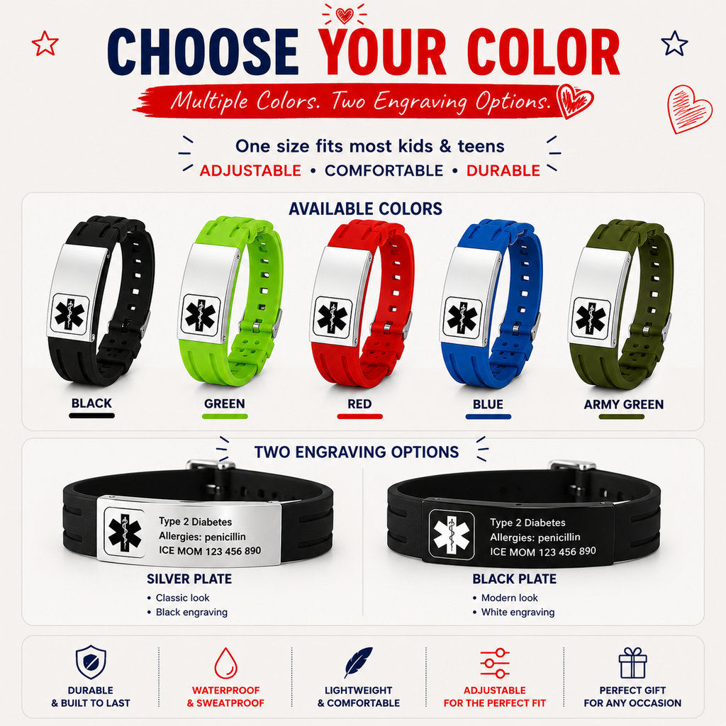 Kids Epilepsy Medical ID Bracelet | Personalized Seizure Alert Bracelet | Custom Engraved Silicone Medical Alert Wristband | Emergency ID for Children