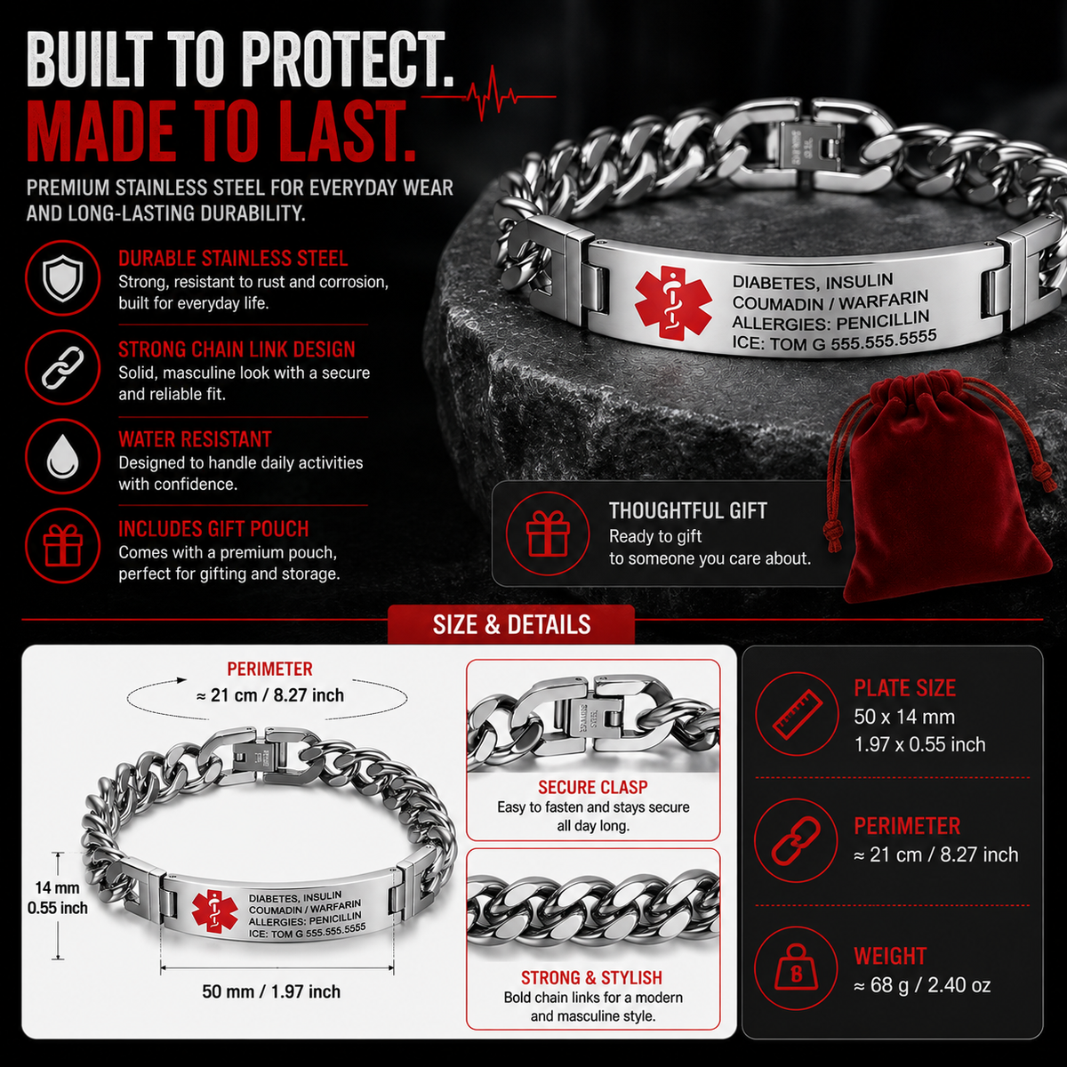 Men’s Personalized Medical ID Bracelet – Custom Engraved Stainless Steel Medical Alert Bracelet