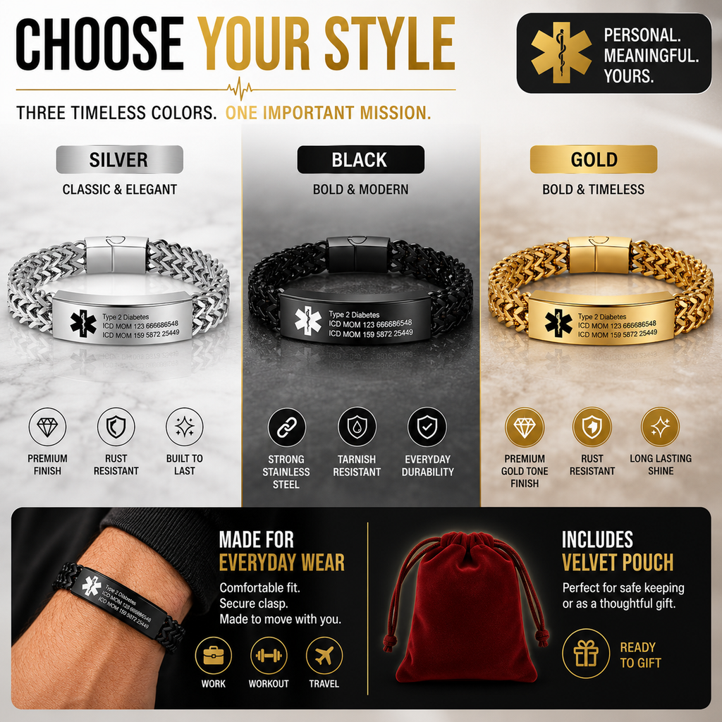 Personalized Emergency Bracelets for Women Men Custom Engraved Medical Alert Information Stainless Steel Medical ID Bracelets