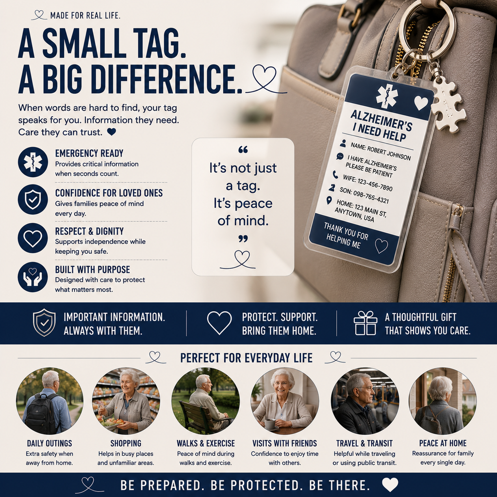 Personalized Alzheimer's Medical ID Keychain – Custom Emergency Contact Tag for Dementia & Memory Care
