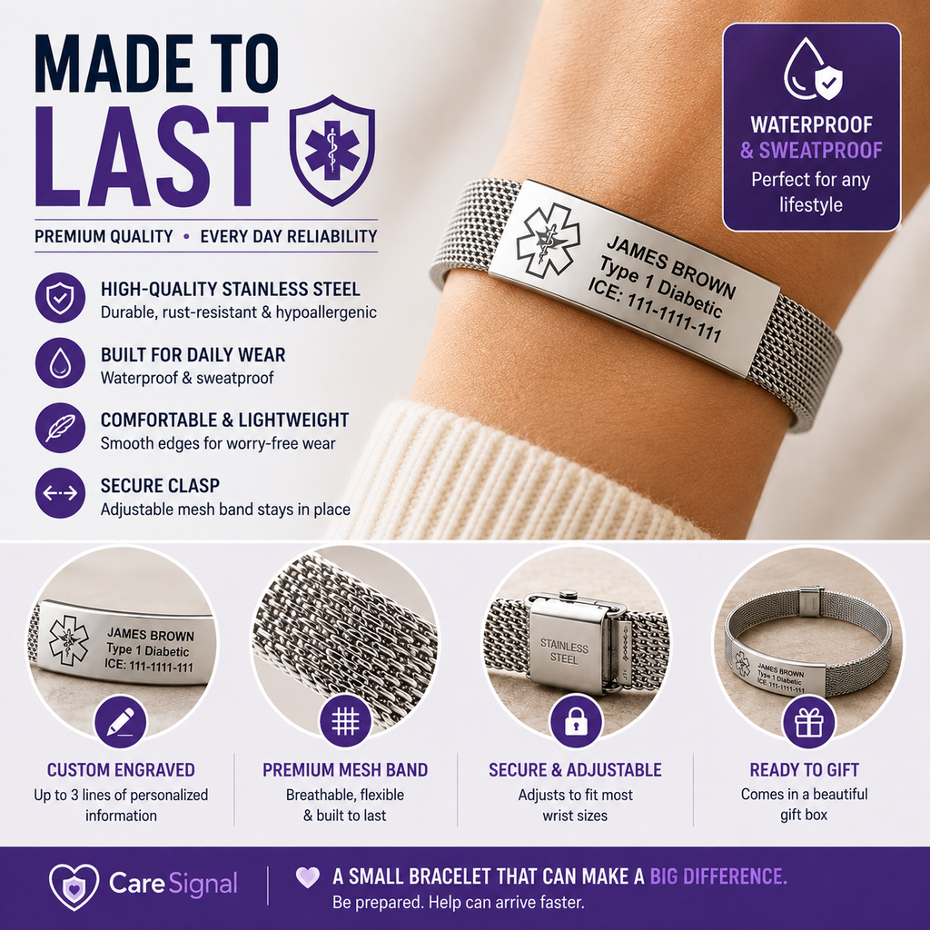 Custom Engraved Medical ID Bracelet – Personalized Stainless Steel Emergency Alert Bracelet | Waterproof Adjustable Medical Alert Jewelry